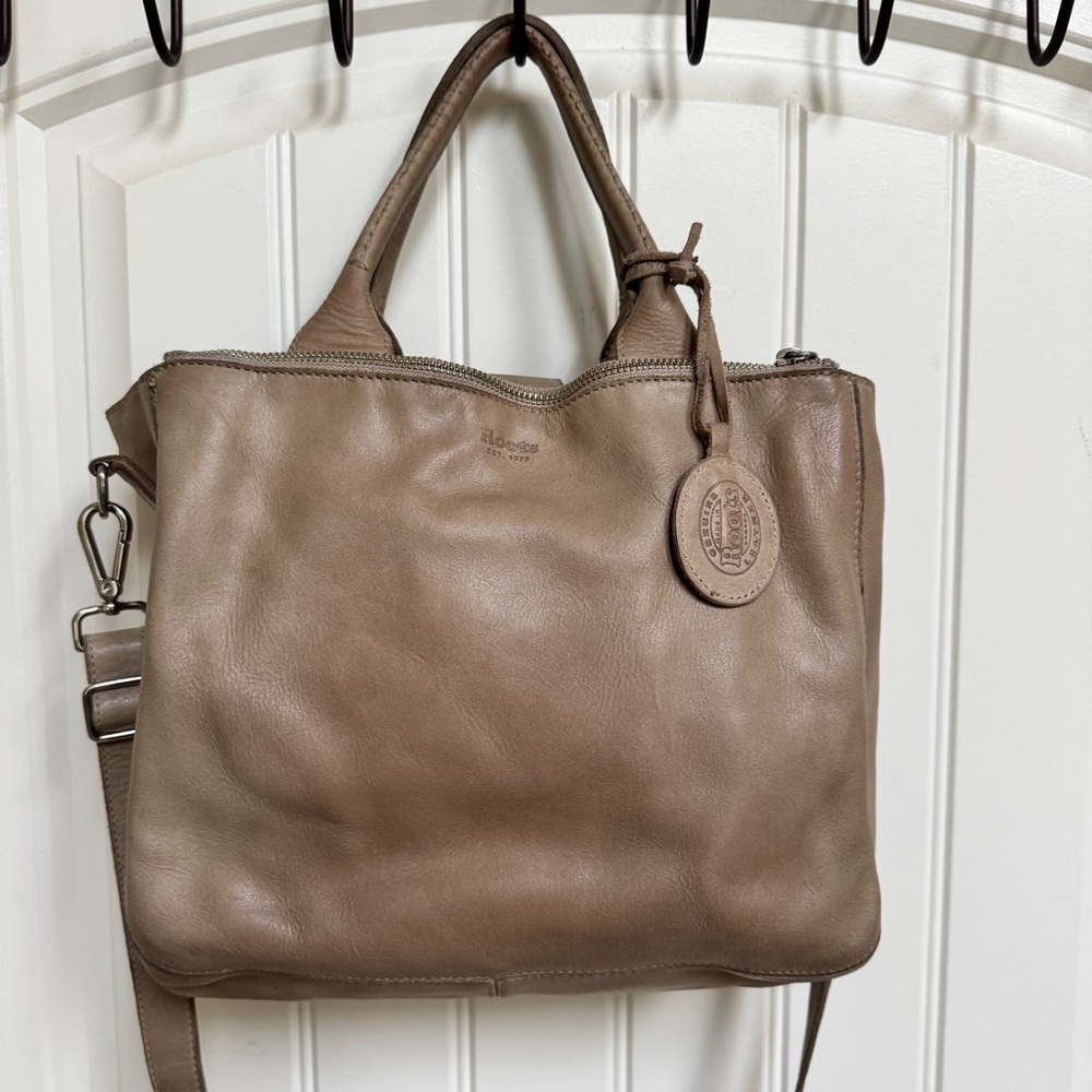 Roots Tribe Leather Tan Tote Cross Body Bag. 11" by 9" by 5"